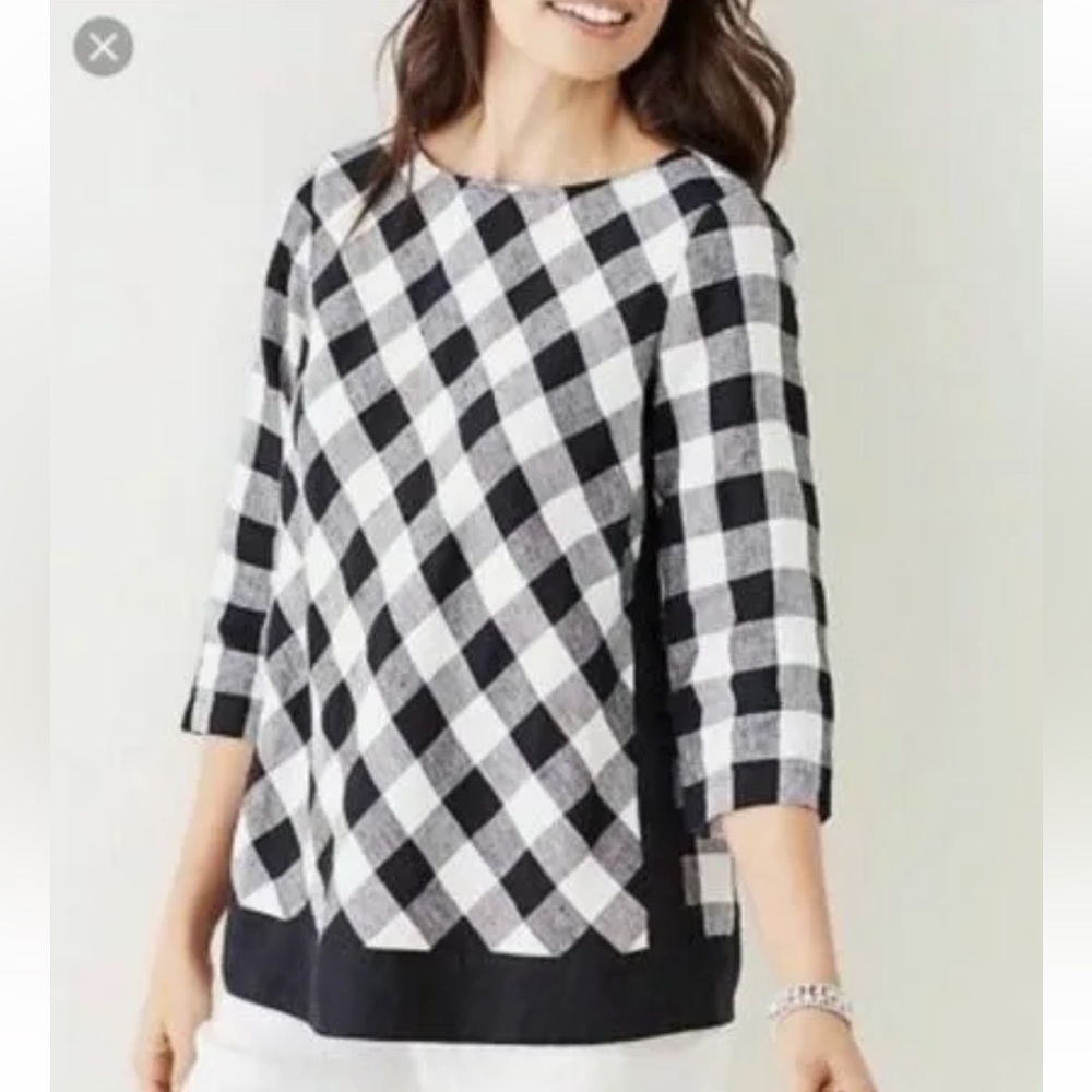 J. Jill Love Linen Women’s Blouse 100% LINEN Gingham Black/White Check